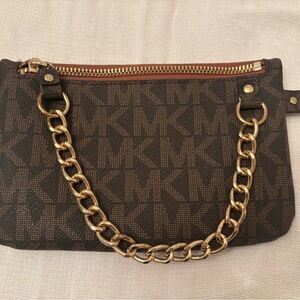 Michael Kors Brown MK Monogram Belt Bag / Crossbody with Gold Chain Detail